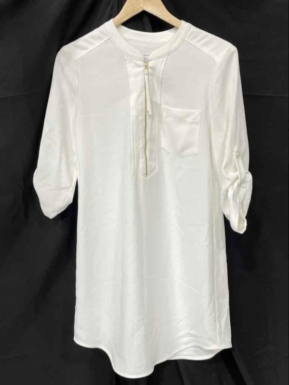 Trina Turk White Gold Zip Front Roll Tab Sleeve Tunic Blouse S NWT